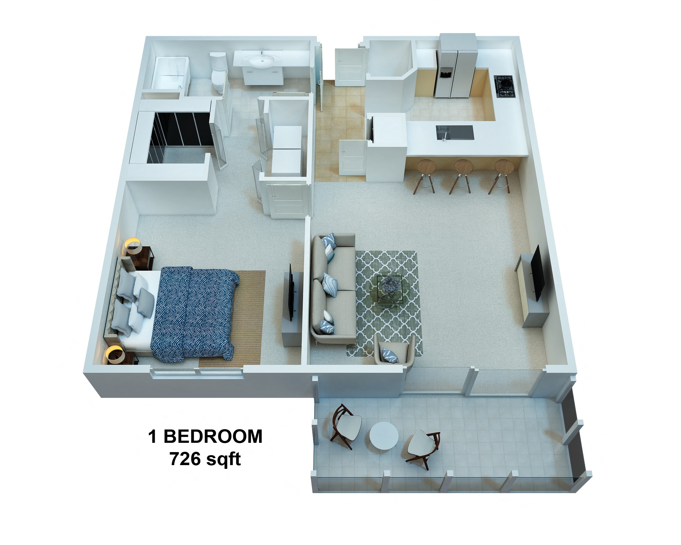 Floor plan for 1 bed, 1 bath, 755 sqft